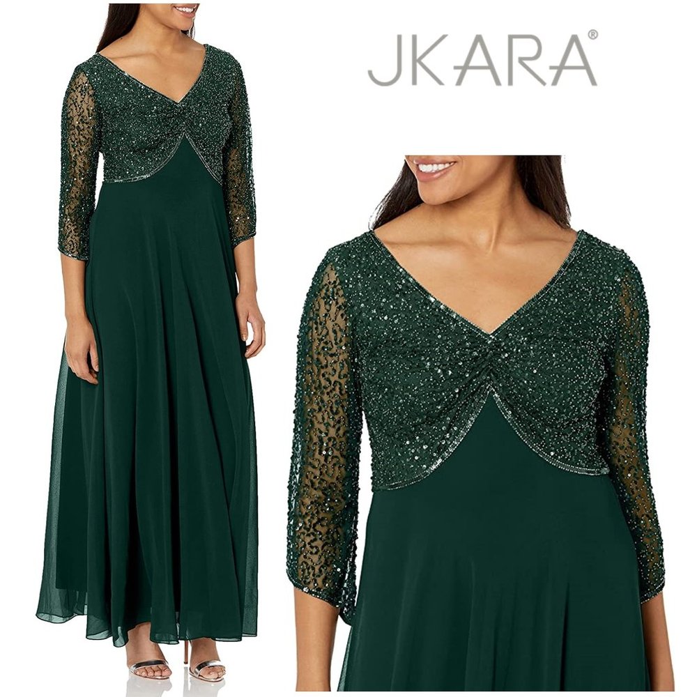 J KARA 3/4 Sleeve V-Neck Beaded Top Long Gown  NEW WITH TAGS!